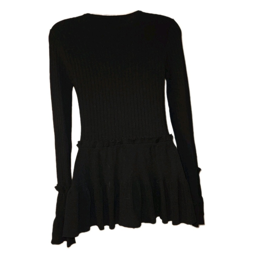 Boston Proper Black Ribbed Zip Up V Neck Bell Sleeve Ruffled Sweater Size XS - Picture 2 of 5